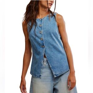 Free People NWT Aimee Denim Button-Up Vest Size Small in Ultra Light Bean